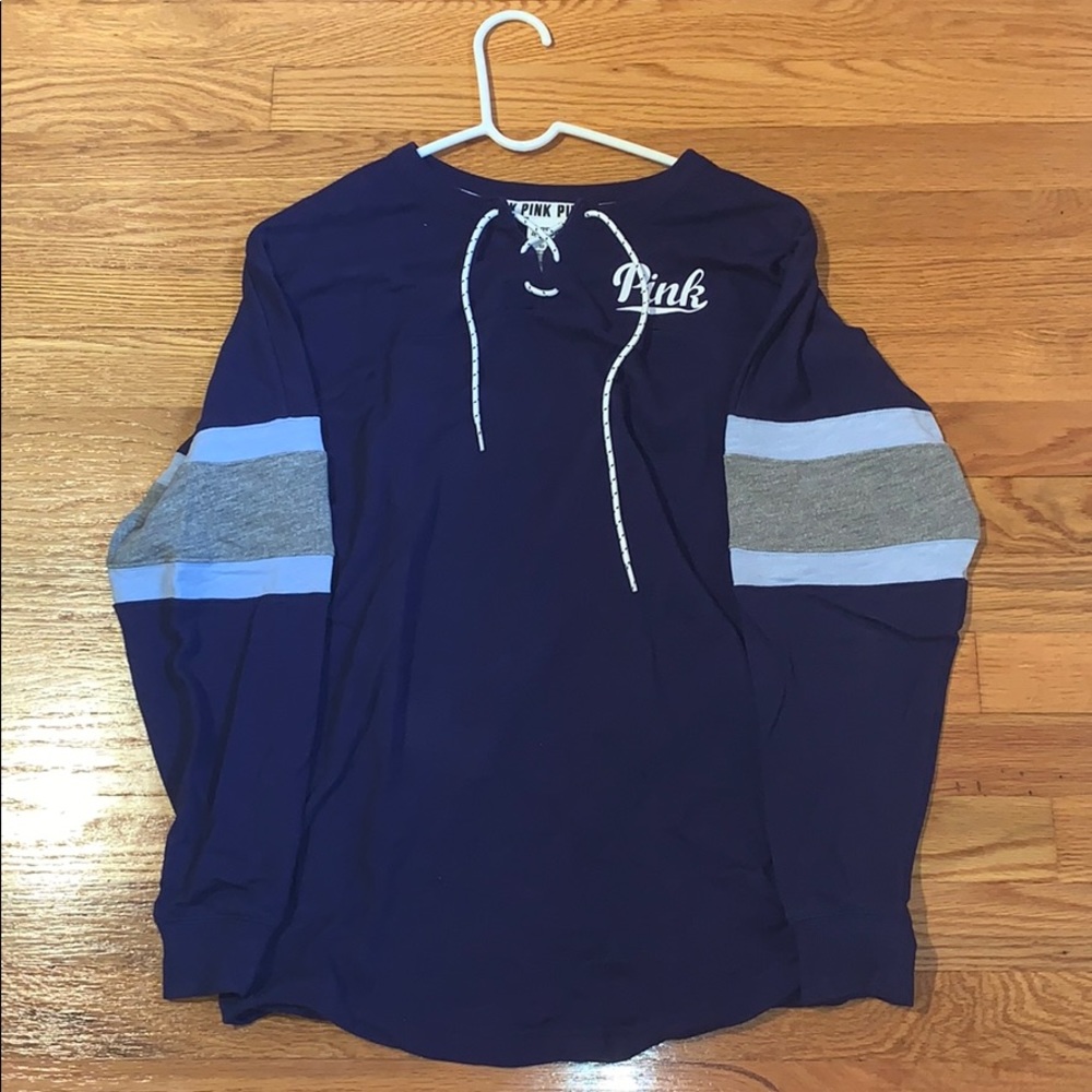 PINK Blue Lace Up Long Sleeve Top
